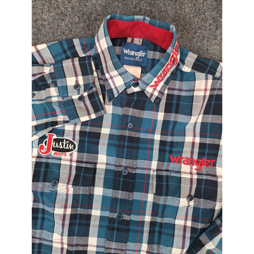 Wrangler Shirt Justin Boots Mens Small Teal Plaid Embroidered Button Up